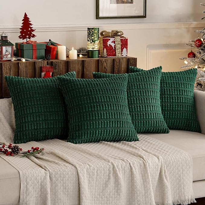 MIULEE Pack of 4 Christmas Dark Green Corduroy Decorative Throw Pillow Covers 18x18 Inch Soft Boho Striped Pillow Covers Modern Farmhouse Home Decor for Sofa Living Room Couch Bed