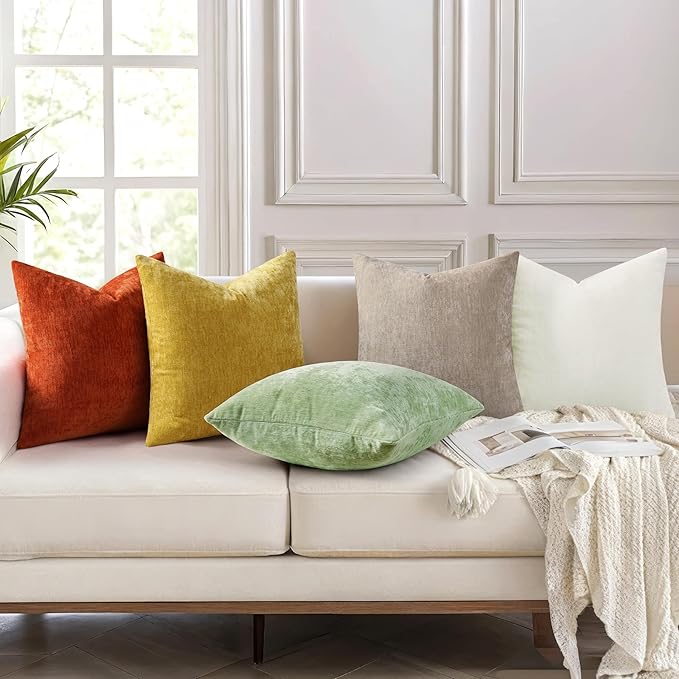 decorUhome Chenille Mineral Yellow Christmas Throw Pillow Covers 22x22 Inch Set of 2, Decorative Soft Couch Pillow Covers Solid Dyed Accent Farmhouse Neutral Square Pillow Cases for Sofa