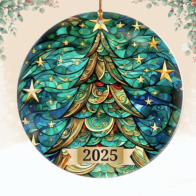 Christmas Tree Ornament 2025 – Stained Glass Style Round Acrylic Decoration – Collectible Dated Christmas Ornaments 2025 for Tree, Holiday Decor, Navidad Decorations