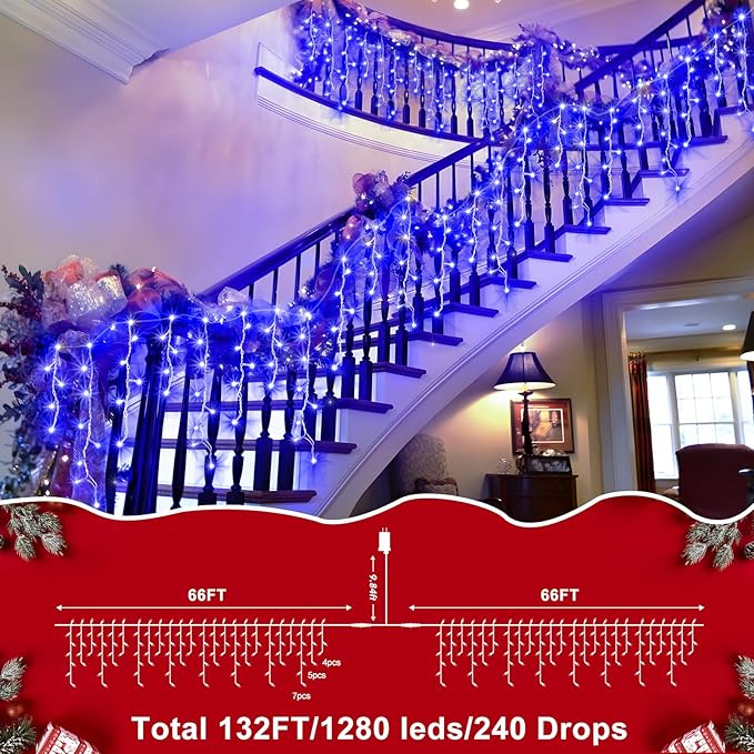 XURISEN 132ft Christmas Lights Decorations Outdoor, 1280 LED 8 Modes Fairy Lights with 240 Drops,Plug in Waterproof Timer Memory Function for Christmas Holiday Wedding Party Decorations(Blue)