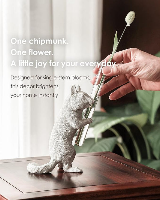 Whimsical Chipmunk Decorative Vase - Handcrafted Art, Realistic Charm, White Single Flower Vase for Modern Living Room Decor, House Aesthetic, Cute Entryway Decor, Unique Gift for Wife