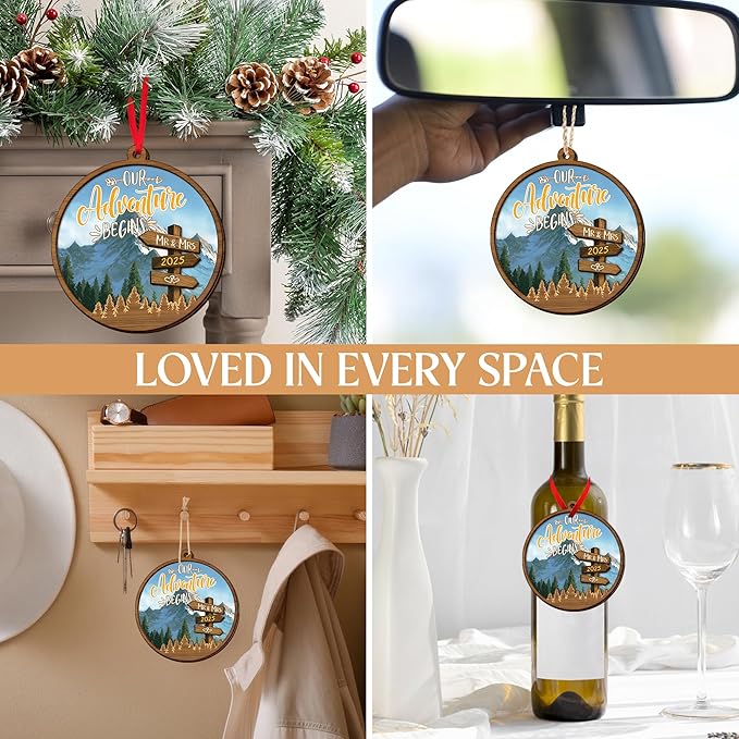 Christmas Wedding Gifts for Couples 2025 - Adventure Start Two Layer Wooden Christmas Ornaments for Tree Decorations - Bridal Shower Marriage Newly Wed Engagement Gifts for Couples Decorations