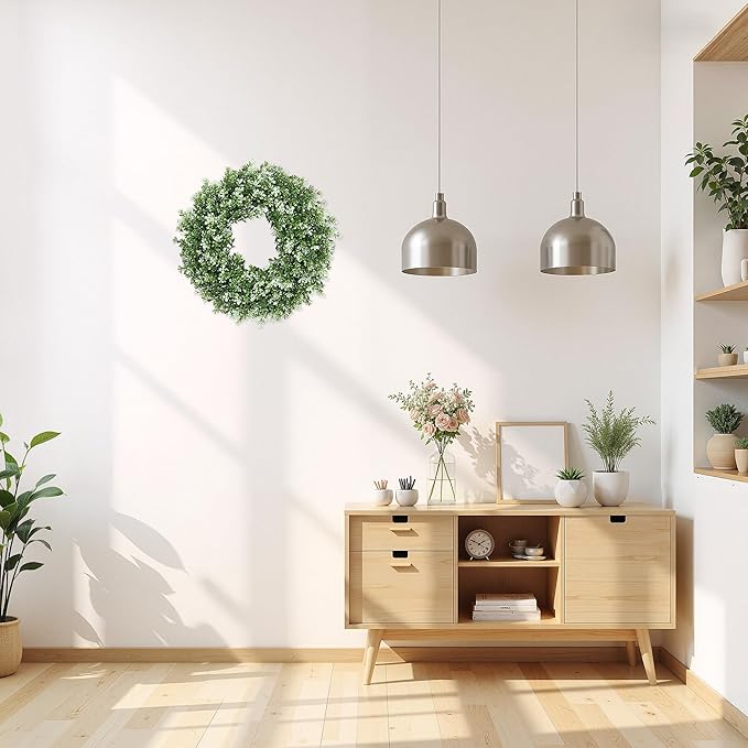 15inch Boxwood Wreath,Artificial Boxwood Wreath for Front Door, Spring Summer Greenery Wreaths for Front Door Farmhouse Wedding Green Year Round Indoor Outdoor