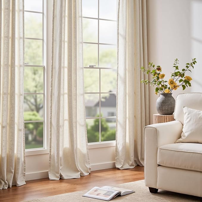 jinchan Ecru Natural Linen Blend Curtains 90 Inches Length for Living Room Divider Sliding Door Farmhouse Rod Pocket Back Tab Light Filtering Drapes Lightweight Curtains for Bedroom 4 Panels