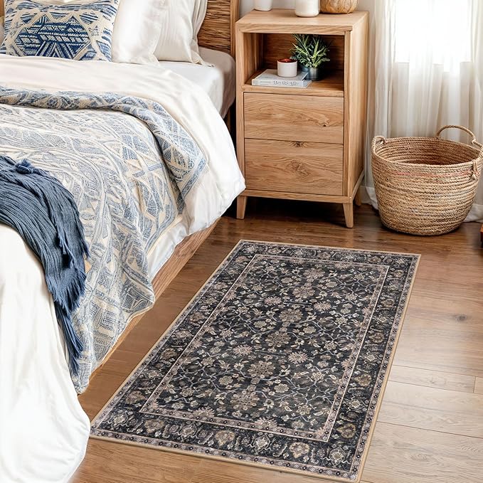 KUTA Vintage Floral Entryway Rug 2x3, Kitchen Rugs Non-Slip Washable Throw Rug, Brown Ultra Thin Soft Print Front Door Mat Indoor Doormat for Entrance, Bedside, or Small Spaces