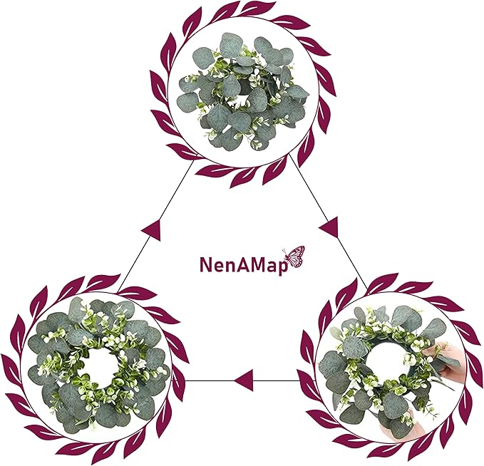 20 Pcs Artificial Eucalyptus Candle Rings, Boho Wedding Candle Holder Wreaths with Green Leaves, Decorative Pillar Candle Rings for Centerpieces and Home Decor