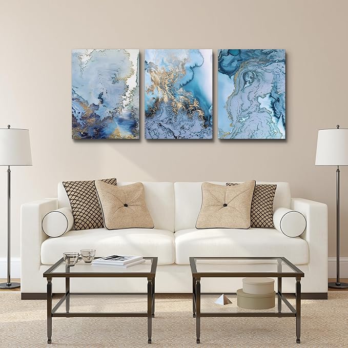 Abstract Canvas Wall Art For Living Room Bedroom Decoration Bathroom Wall Decor Blue Abstract Watercolor Painting Home Decoration Kitchen Posters Pictures Artwork,Inspirational Wall Art 3 Piece Set