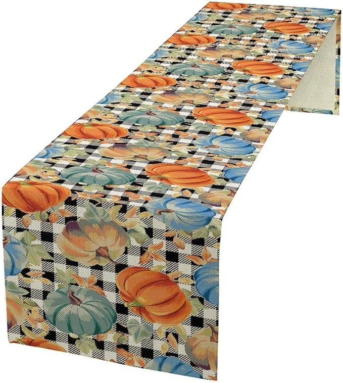 Fall Pumpkin Table Runner Black White Plaid Maple Leaves Watercolor Illustration Rustic Thanksgiving Home Decor for Farmhouse Indoor Outdoor Party Holiday Dining Kitchen Restaurant Cafe W13xL36in