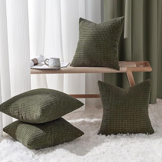 Topfinel OliveGreen Decorative Throw Pillow Covers 16x16 Inch Cute Boho Stripe Soft Corduroy Modern Farmhouse Spring Home Decor 4 Packs Pillow Covers for Sofa Living Room Couch Bed 40x40 cm