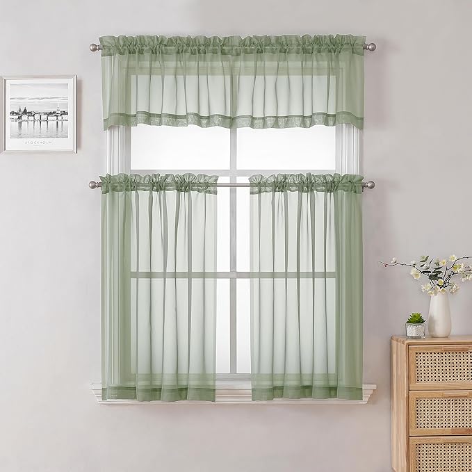 Lecloud Sage Green Curtains Sheer Tiers Set of 2 Pieces 36 Inches Long, Solid Volie Curtains Tiers Cafe Cupboard, Kitchen Window Small Curtain Rod Pockets Living Room Bedroom Gauzy Tier, 40x36 Inch