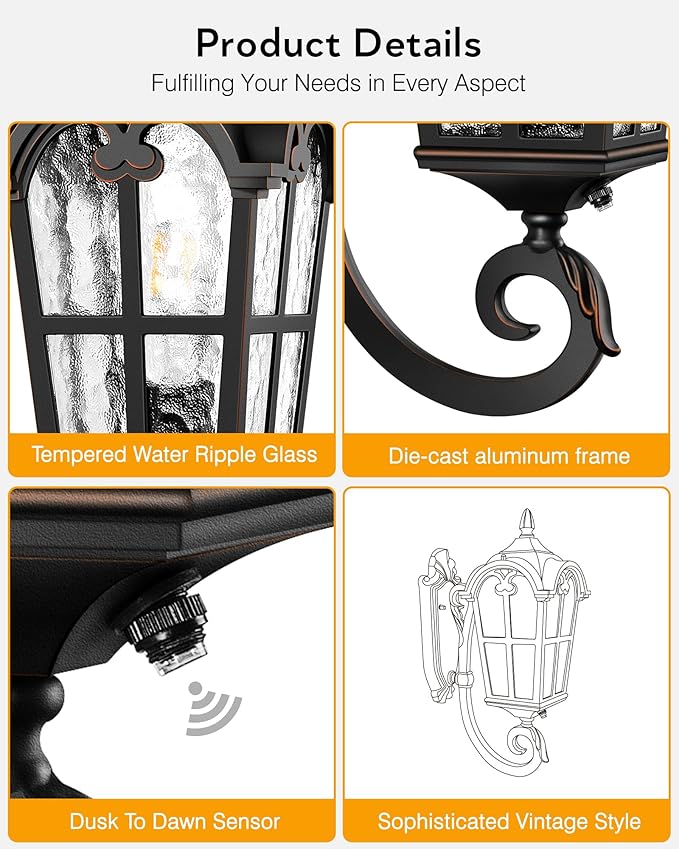 VIANIS 2 Pack Outside Lights for House Dusk to Dawn, Black Exterior Light Fixture Wall Mount, Anti-Rust Modern Outdoor Sconce Lantern with Rippled Glass for Front Porch, Garage, Hardwired, Non-Solar