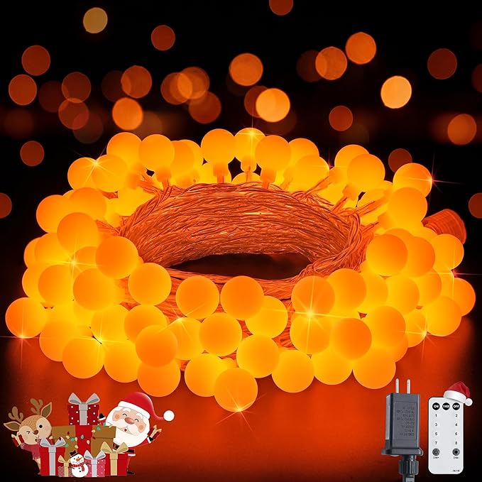 JMEXSUSS Orange String Lights Indoor, Connectable 100 LED Globe String Lights Plug in with Remote, 33ft 8 Modes Orange Christmas Lights Outdoor for Bedroom Thanksgiving Party Fall Holiday Decor