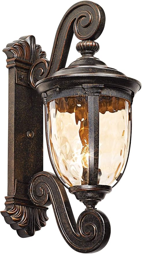 John Timberland Bellagio European Outdoor Wall Light Fixture Bronze Scroll 24" Champagne Hammered Glass Decor for Exterior House Porch Patio Outside Deck Garage Yard Front Door Garden Home