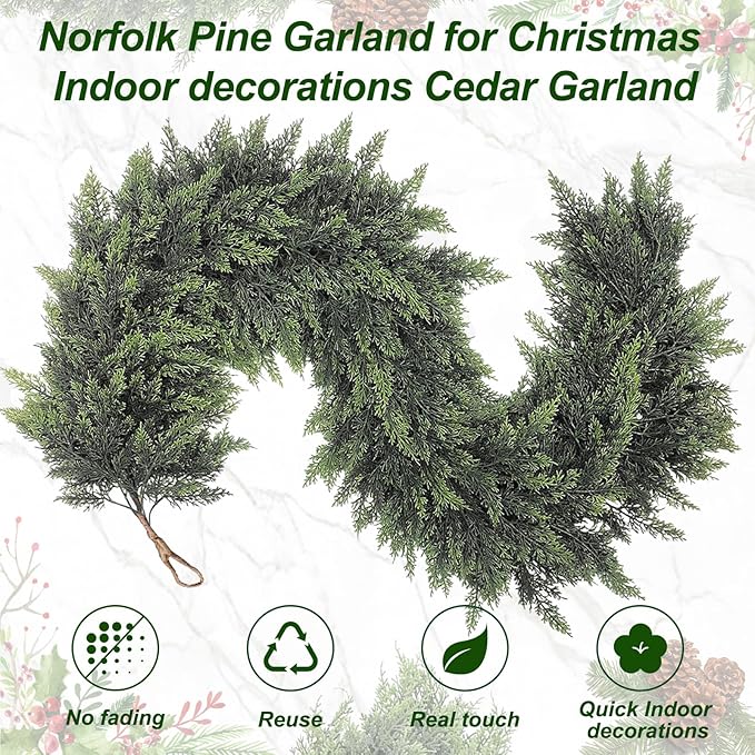 6FT Real Touch Cedar Garland for Fireplace - Artificial Christmas Garlands Realistic Faux Greenery Fake Pine Needles Garland for Holiday,Table, Window,Mantel,Stairs, Home,Indoor Outdoor Decor (1PCS)