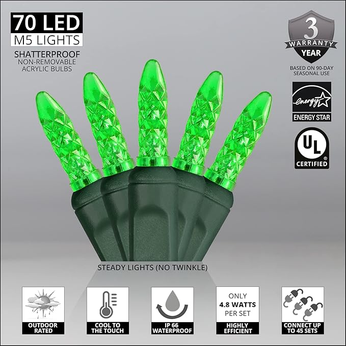 Wintergreen Lighting M5 LED Green Christmas Tree Lights, 70 Count 24 ft Green Wire Indoor/Outdoor Commercial Grade Mini String, Holiday and Seasonal Decor