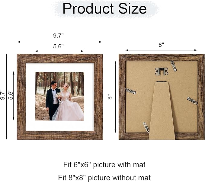 iRahmen 8x8 Picture Frame Set of 4 with HD Glass, Display 6x6 Pictures with Mat or 8 x 8 Without Mat, Rustic Wood Photo Frame for Wall Mount and Tabletop Display