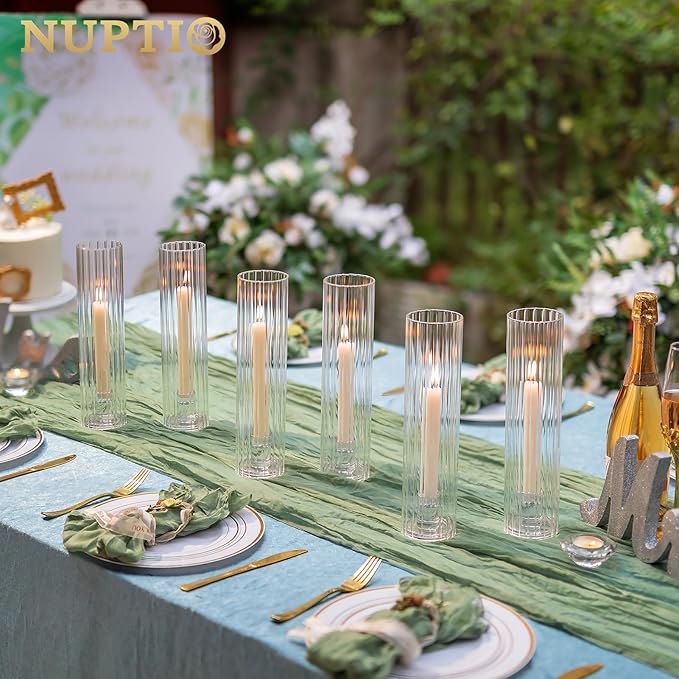 NUPTIO Fluted Candle Holder Set: Bulk Hurricane Candlestick Holders with Ribbed Glass Cylinder Sleeve - Set of 10 Tapere Candle Stick Stand for Fall Thanksgiving Christmas Decor