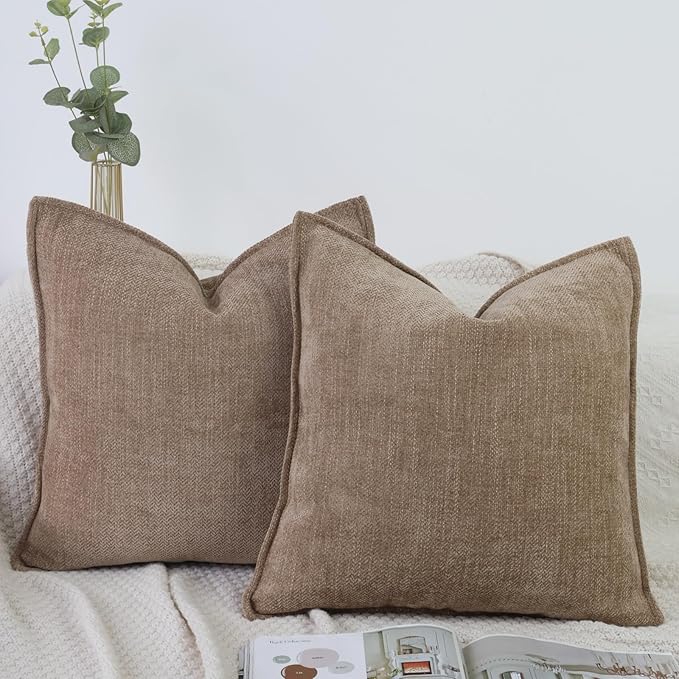 OYIMUA Soft Textured Decorative Throw Pillow Covers 18x18 Neutral Brown Chenille Square Accent Solid Cushion Cover Cozy Farmhouse Pillow Cases for Couch Sofa Bedroom Living Room