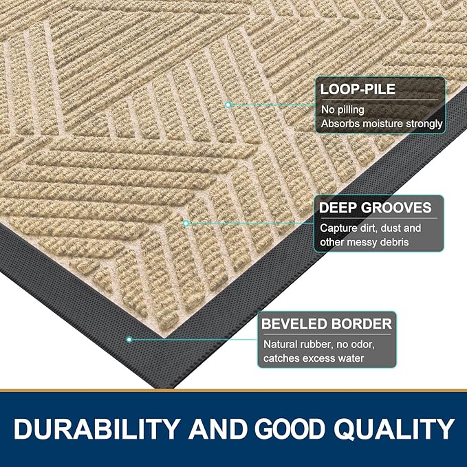 Smiry Front Door Mat Outside Entrance, Heavy Duty Sturdy Natural Rubber Doormat, Trap Dirt and Moisture, Easy Clean Low Profile Mats for Indoor Outdoor Entry, Irregular Triangle (47x32, Cream White)