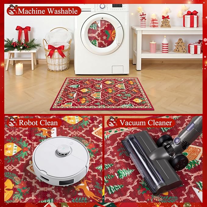 HEBE Christmas Area Rug 2'x3', Non Slip Farmhouse Red Rugs for Living Room, Washable Soft Area Rugs for Bedroom Christmas Low Pile Indoor Floor Carpet for Dining Room Xmas Holiday Decor