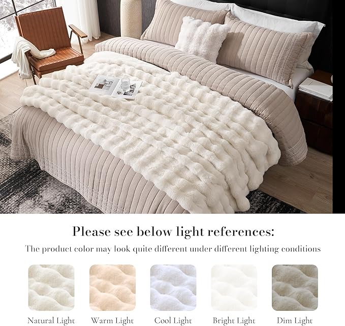 Amélie Home Faux Fur Throw Blanket for Couch, Ultra Soft Fuzzy Plush Bubble Throw for Sofa, Living Room & Home Decor, 50"x60", Cream White