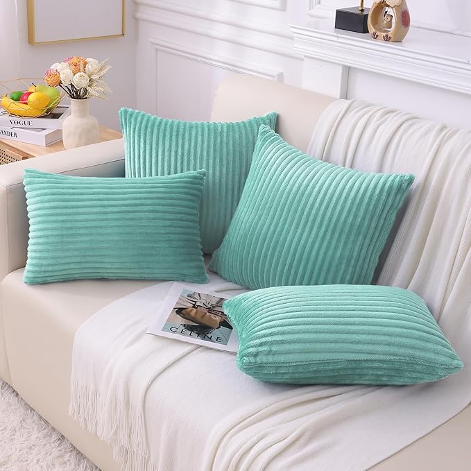 Simmore Decorative Fall Throw Pillow Covers 12x20 Set of 2, Soft Plush Flannel Double-Sided Fluffy Lumbar Pillow Covers for Couch Sofa Living Room, Aqua Haze