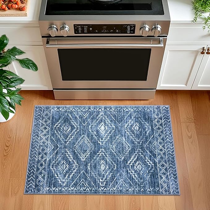 KILOCOCO Entryway Rug 2x3 Small Washable Rug Door Mat Indoor Soft Non Slip Printed Blue Kitchen Rugs for Bedroom Entry Front Door Geometric Boho Throw Rugs, Stonewashed Blue