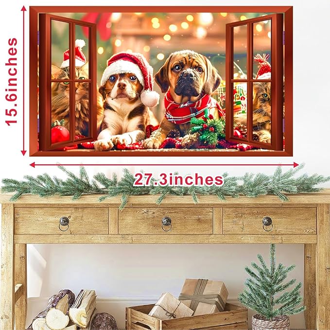 Christmas Dog Wall Stickers Decor 3D Fake Window Wall Decal Mural Christmas Cat Xmas Puppy Dog Decals Holiday Wall Sticker Animal Fake Window Wall Stickers Party Decorations