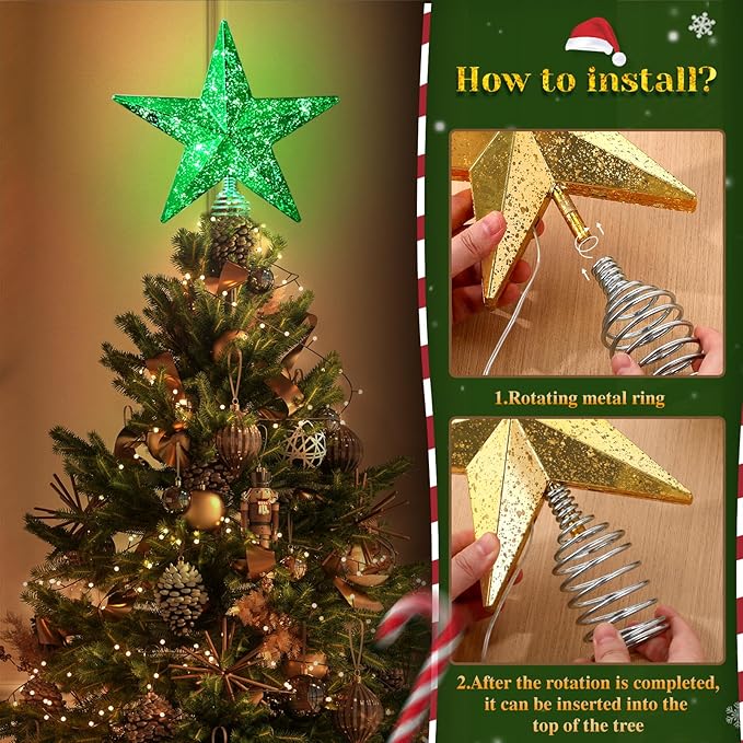 Green Christmas Tree Star Topper with Lights, 8.5-Inch Light-Up Christmas Tree Topper with Remote Control, 4 Brightness Levels & 8 Light Modes, Faux Mercury Glitter Design with 20 Lights