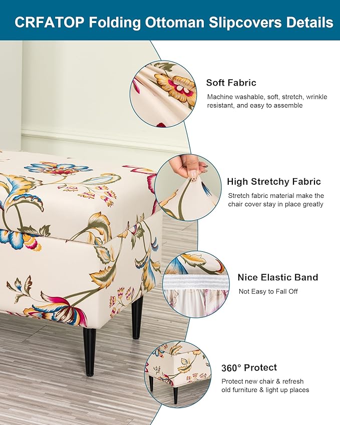 CRFATOP Printed Rectangle Ottoman Stool Cover Stretch Folding Storage Footstool Bench Slipcovers Upholstered Foot Chest Chair Covers Washable Entryway Furniture Protector with Elastic Bands,L,06