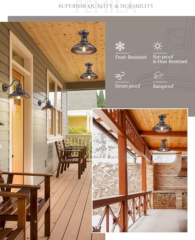 FEMILA 1-Light Semi Flush Mount Light Fixture, 12" Farmhouse Outdoor Ceiling Light for Hallway, Porch, Laundry, Foyer, Oil Rubbed Bronze Finish, 4FY15-F ORB