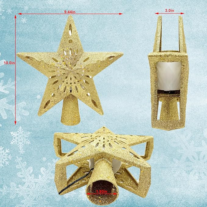10" Christmas Tree Topper Star Lighted with 6 Projection Modes, Light Up Christmas Tree Topper Built-in LED Rotation Light, 3D Glitter Dynamic Projector Tree Top for Xmas Party Decorations Gift