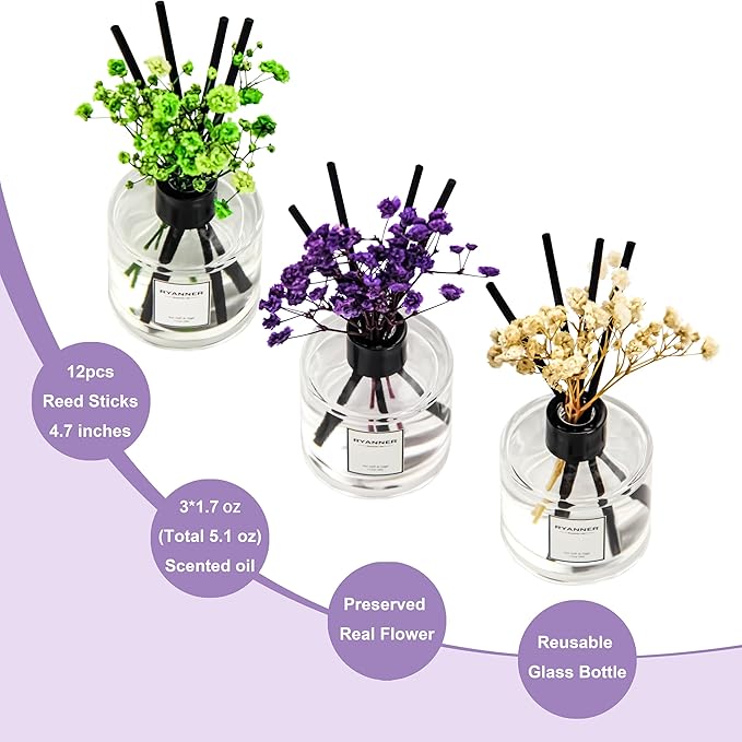Reed Diffuser Set of 3 Pack,Lavender Eucalyptus/White Jasmine/Lemongrass Scented Oil Diffuser with 12 Sticks(1.7 fl oz Each Pack),Air Freshener for Bedroom Bathroom Office | Shelf Decor