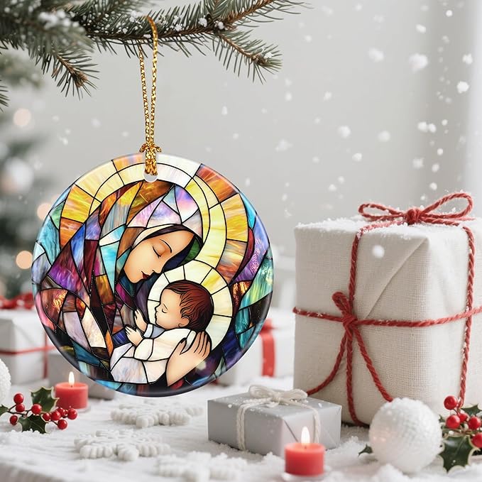 Religious Christmas Tree Decorations - Christmas Ornaments, Keepsake Ornaments, Holiday Decor & Christian/Religious Gifts, Holiday or Xmas Gifts - Baby Jesus and The Blessed Virgin Mary