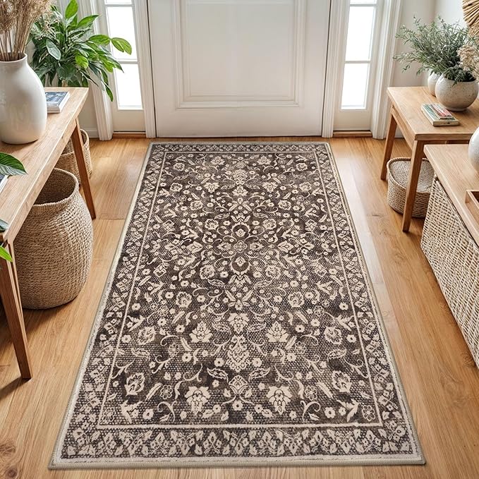 Vintage 3x5 Washable Rug for Entryway, Super Soft Rust Brown Red Entryway Rug with Non-Slip, Printed Faux Wool Floral 3x5 Area Rug Thin Floor Carpet for Kitchen, Bedroom, Living Room