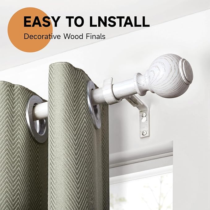 Wood Curtain Rods for Windows 66 to 120 Inches,1 inch Heavy Duty Window Curtain Rod with Imitation Wood Grain Finials,Decorative Drapery Rods Adjustable, 28"-120"(2.3-10ft), White Wood