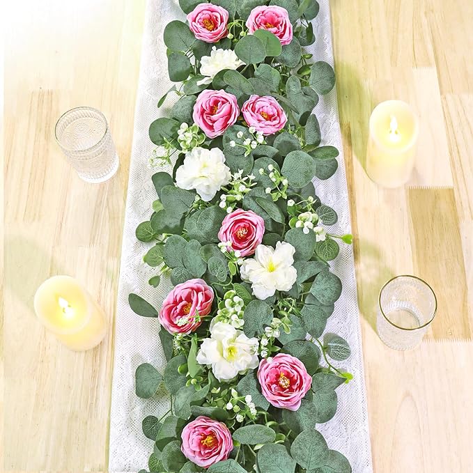 TOCHGREEN 2 Pack 13Ft Artificial Eucalyptus Flower Garland with Pink Roses White Flowers, Fake Rose Flower Greenery Garland Floral Vines for Wedding Home Party Table Runner Decor (White Pink, 2PCS)