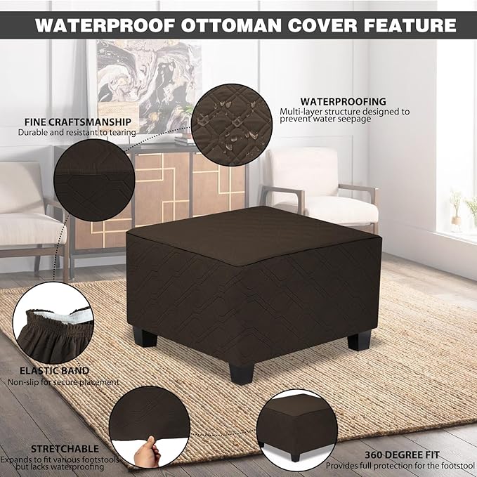 Ottoman Cover Square,Waterproof Square Ottoman Covers Thick Slipcover for Living Room,Washable Storage Footstool Furniture Protector for Dogs,Pets,Chocolate,Large