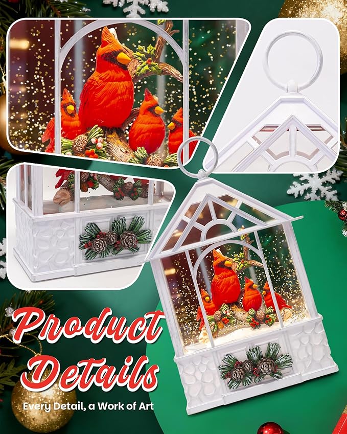 Large Christmas Cardinal Snow Globe Light up Lantern with 8 Songs, 9.84" White Christmas Snow Globes for Kids Adults, 6H Timer & Dual Power, Snowglobes Christmas Decorations Indoor Gifts Women Men