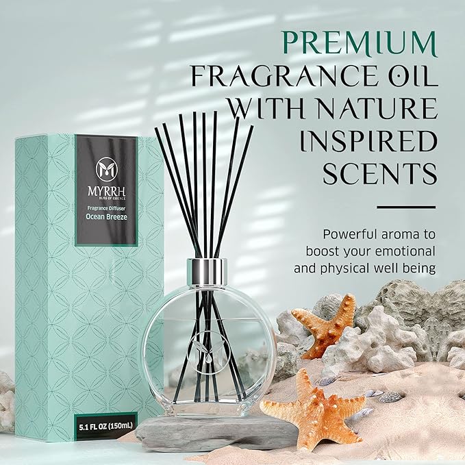 Ocean Breeze Scented Reed Diffuser with 8 Rattan Diffuser Sticks, 150 ml, All Natural Air Freshener, Long-Lasting Diffusers at Home - MyrrhUSA
