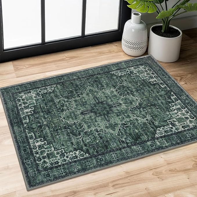 2x3 Washable Rug for Entryway, Dark Green Soft Traditional Printed Area Rug, Non-Slip Kitchen Rugs, Low-Pile Medallion Indoor Door Mat, Farmhouse Carpet for Entrance Kitchen Foyer Bedside
