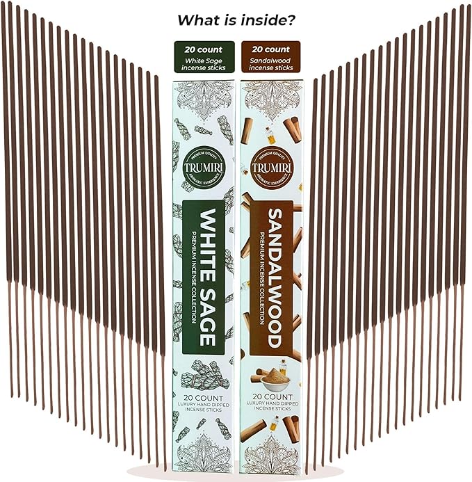 Trumiri Incense Combo Pack - 40 Sticks (20 White Sage + 20 Sandalwood) - All Natural