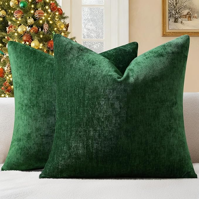decorUhome Chenille Green Christmas Throw Pillow Covers 20x20 Inch Set of 2, Decorative Soft Couch Pillow Covers Solid Dyed Accent Farmhouse Neutral Square Pillow Cases for Sofa