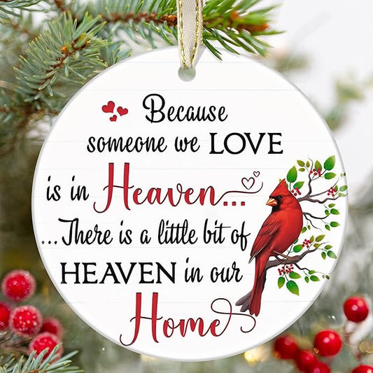 Memorial Christmas Ornament - Cardinal Round Ceramic Decor - Christmas Tree Ornament for Loss of Loved One - Remembrance, Sympathy, Memorial Gift