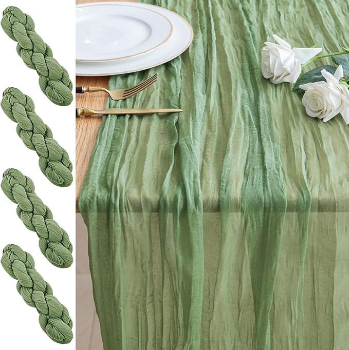 4PCS Table Runner Cheesecloth 10FT Sage Green Boho Gauze Cheese Cloth Rustic Sheer Table Runners for Wedding Bridal Baby Shower Party Decoration