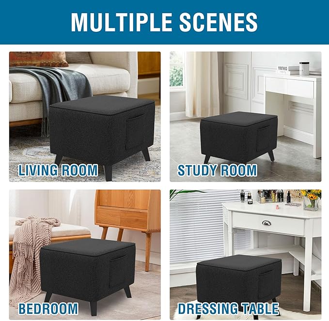 H.VERSAILTEX Square Ottoman Cover Fit Length 18"-19" Footrest Durable Linen Look Fabric Ottoman Slipcover Thick Soft Footrest Stool Covers for Square Ottoman Removable Washable - Heather Black