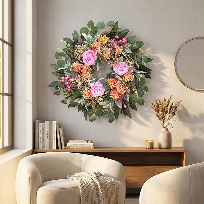 24 Inch Spring Rose Wreath Handmade Wreath for Front Door, with Eucalyptus Berries & Flocking Prote, Farmhouse Wreath for Home Indoor Outdoor Wall Festival Farmhouse Holiday Decor Year Round