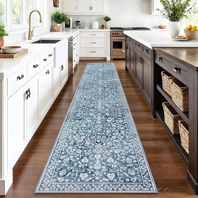 Vintage 2.6x12 Hallway Runner, Blue and White Washable Non-Slip Long Hallway Carpet, Super Soft Kitchen Runner, Print Faux Wool Floral Thin Carpet for Entryway