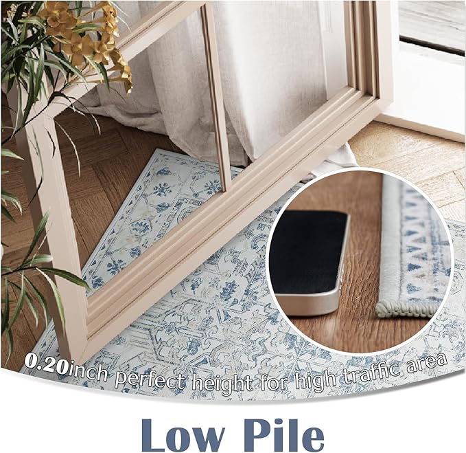 jinchan Lima Washable Area Rug 3x5 Entryway Rug - Distressed Vintage Floral Ultra-Thin Low-Pile Soft Non-Shedding Indoor Floor Carpet for Kitchen Bedroom Entrance Laundry Living Room (3x5ft, Blue)