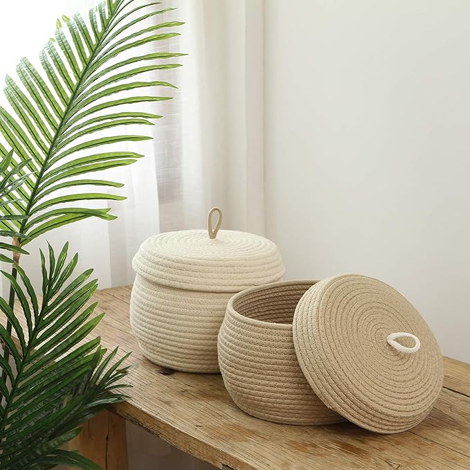 Sea Team Round Cotton Rope Storage Basket with Lid, Decorative Woven Storage Bin, Pot, Caddy, Organizer, Container for Snacks, Towels, Plants, 10 x 7.5 Inches (Small Size, Khaki)